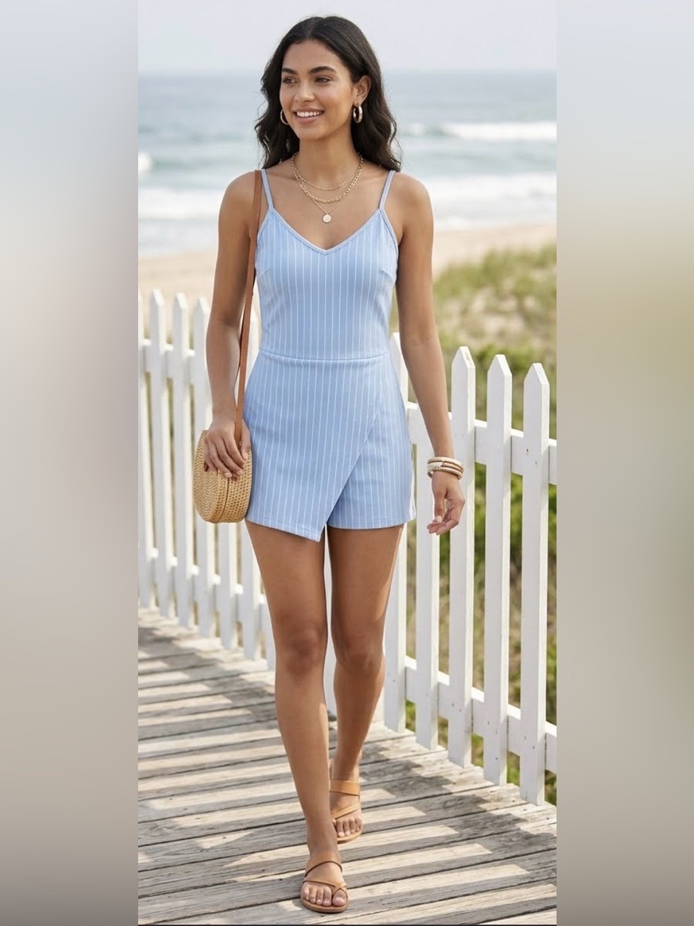 Popular Basics Light Blue Pinstripe Wrap Front Skort Romper Size L